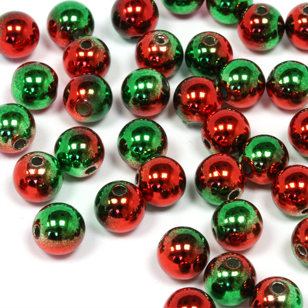 Metallised Plastic Beads Red/Green 8mm - Pack of 50