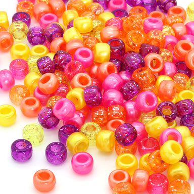 kids plastic mix of orange, pink and purple coloured  pony beads with large holes