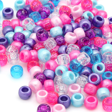kids plastic mix of pink, purple, blue unicorn  coloured  pony beads with large holes