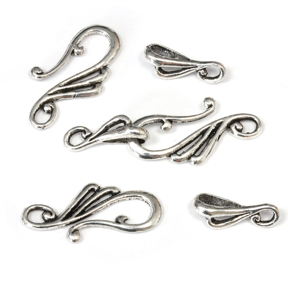 Wave Hook Clasp Antique Silver 36x13mm - Pack of 20
